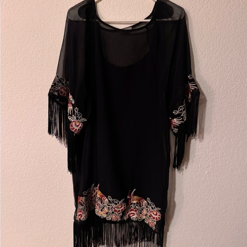 Black Fringe Kimono with Embroidered Details